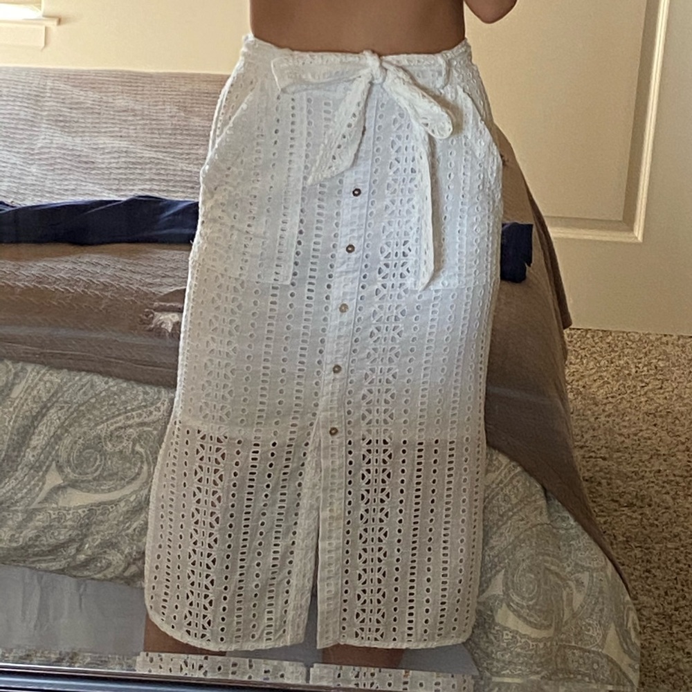 ASOS eyelet embroidered white midi skirt with tie